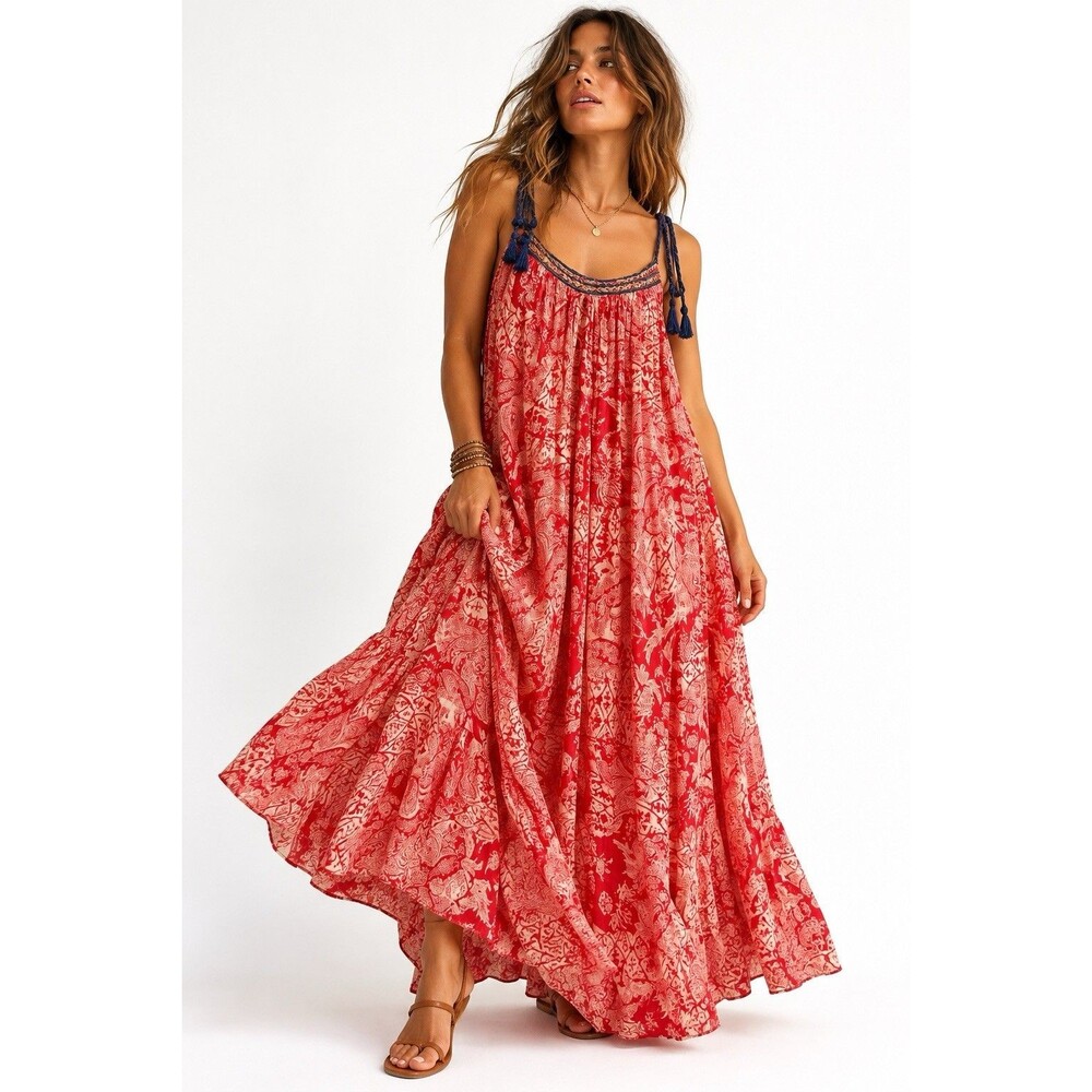 Free People XS Red Cream Paisley Cotton Boho Maxi Dress Braided Tassel Straps